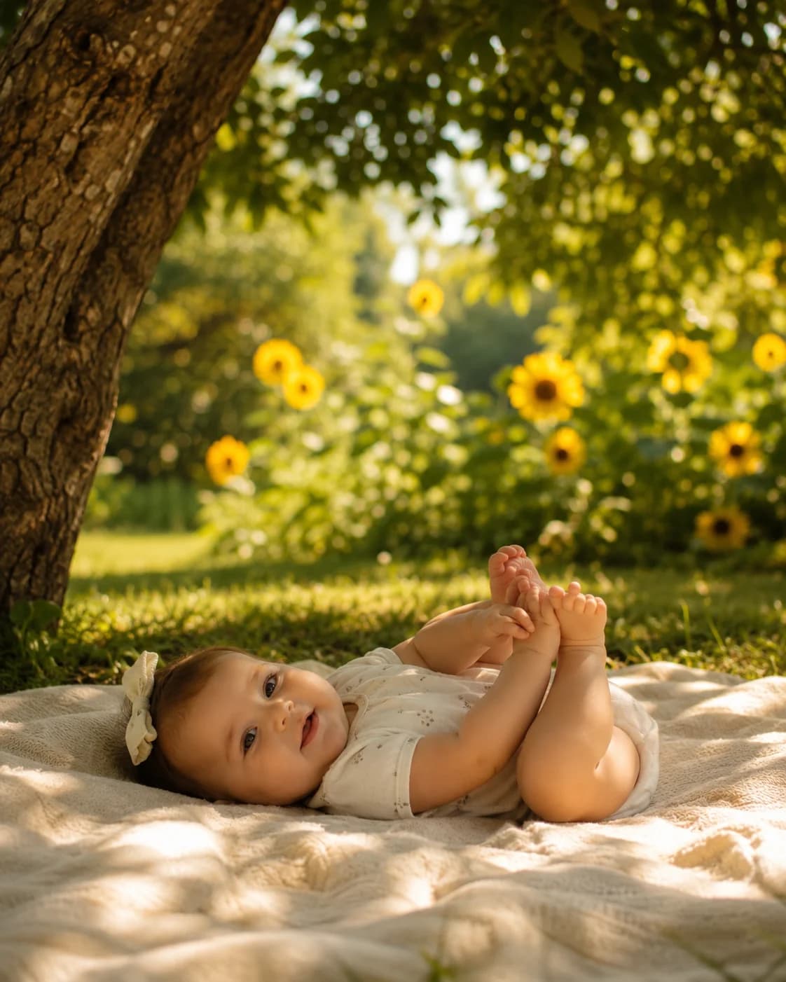 Baby girl in light cotton onesie lying under dappled tree shade in a sunlit garden, sunflowers in the background