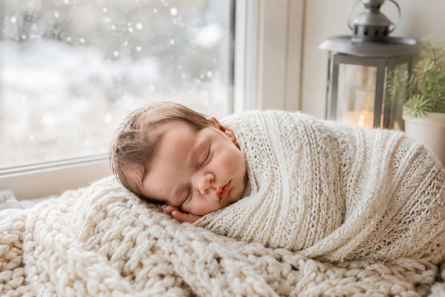 Serene newborn baby sleeping wrapped in a cream knit blanket, soft winter light, snowflakes visible through the window