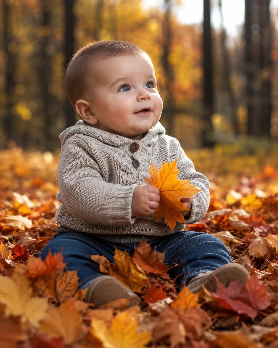 Curious baby boy sitting among fallen autumn leaves in warm shades of orange, red and yellow, wearing a cozy knit sweater