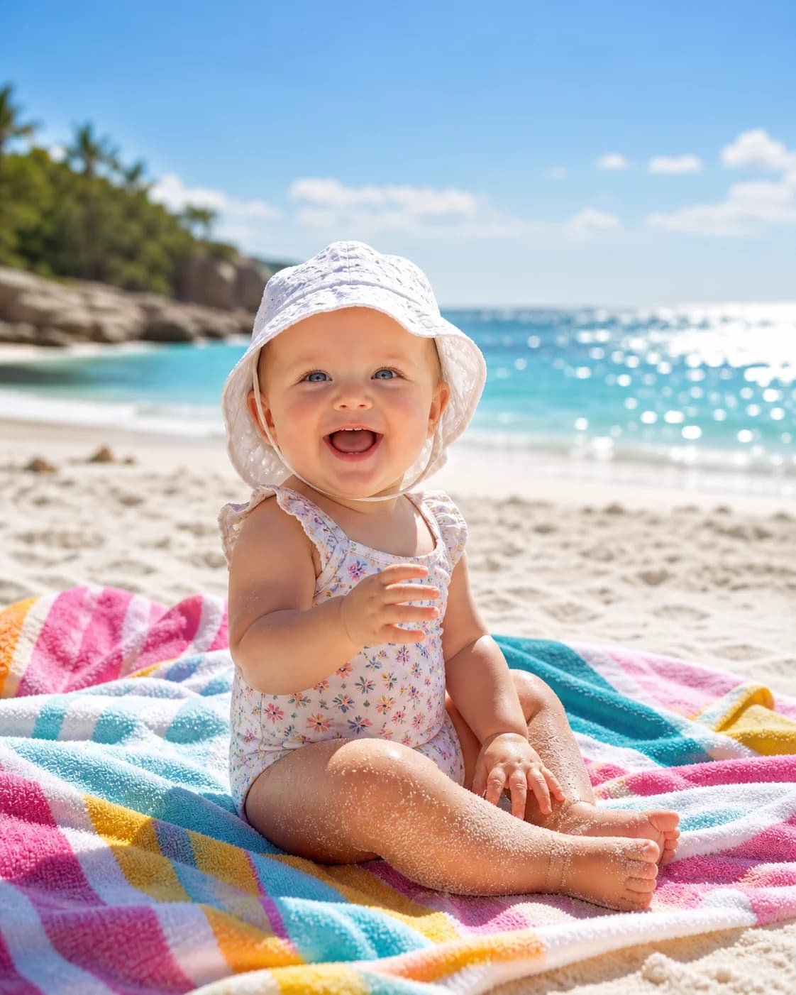 Baby sitting on a colorful beach towel on white sand with sparkling turquoise ocean in the background, wearing a tiny sun hat