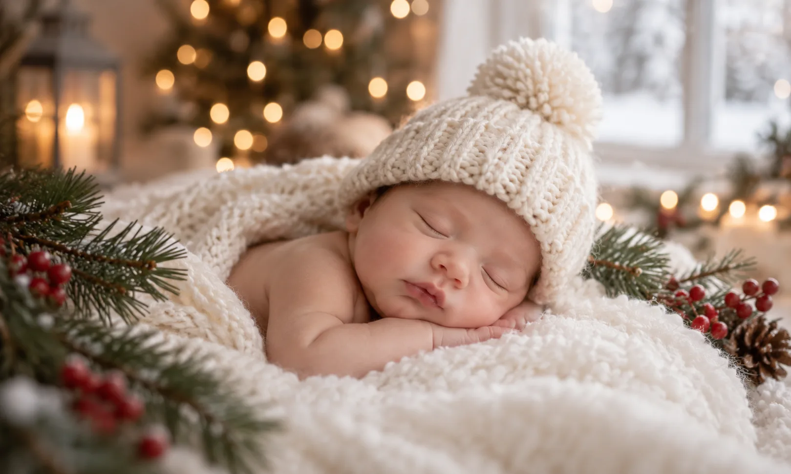 Newborn in a knitted pom-pom hat asleep on a white blanket with pine branches and red berries, Christmas and winter baby names
