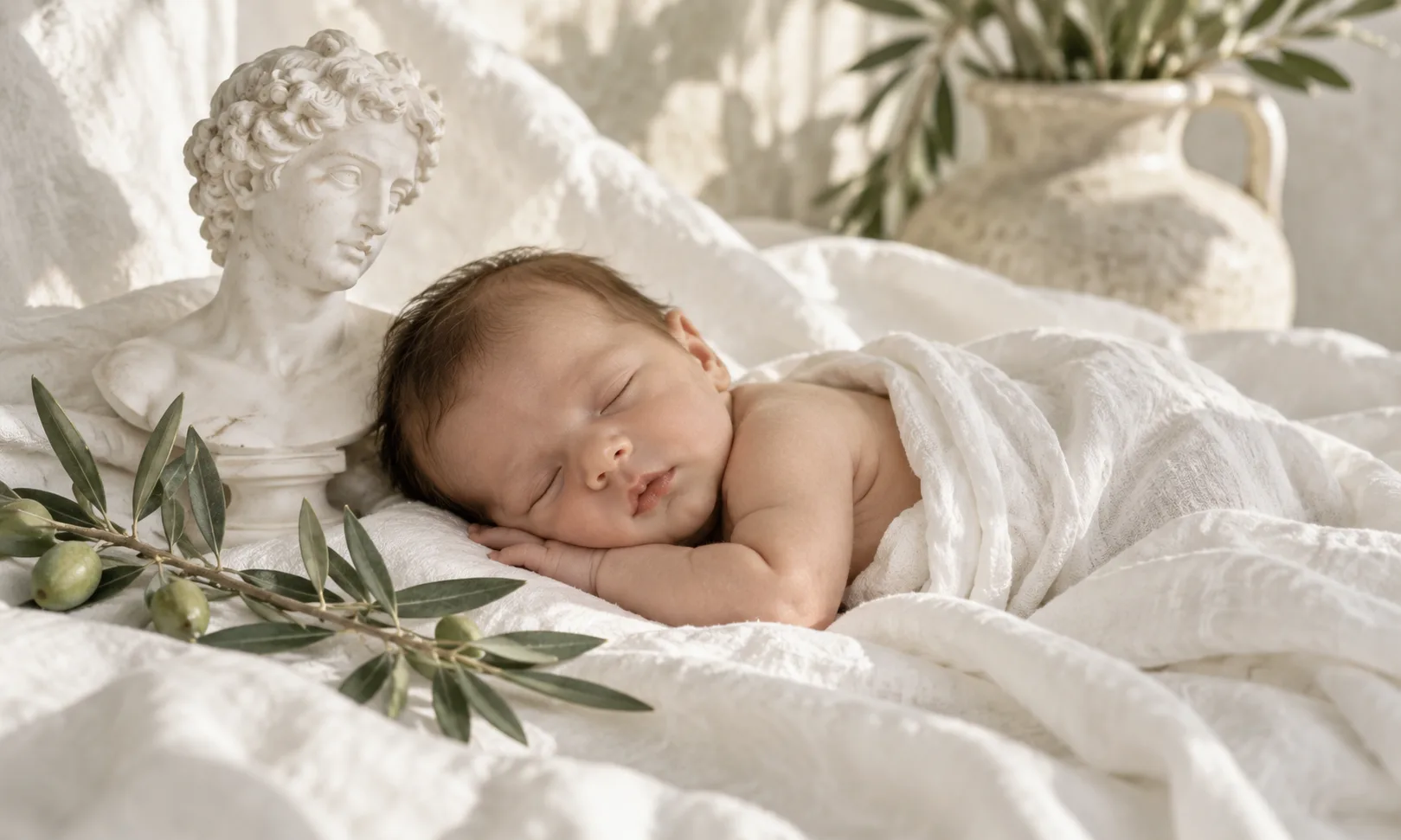 Newborn sleeping on white linen beside a classical marble bust and an olive branch, Greek mythology baby names
